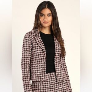 Lulu’s Pink and Black Cropped Tweed Jacket
